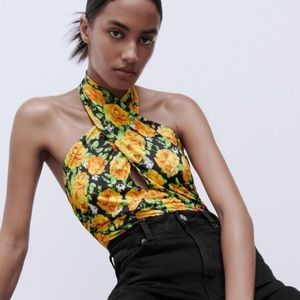 ZARA Women’s CrossNeck Floral Print BODYSUIT Size Small